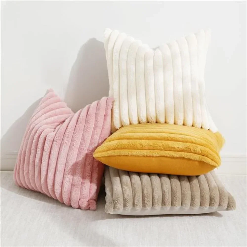Faux Fur Throw Pillow Covers 18x18 Set of 2 Soft Plush Striped Couch Bed Decor